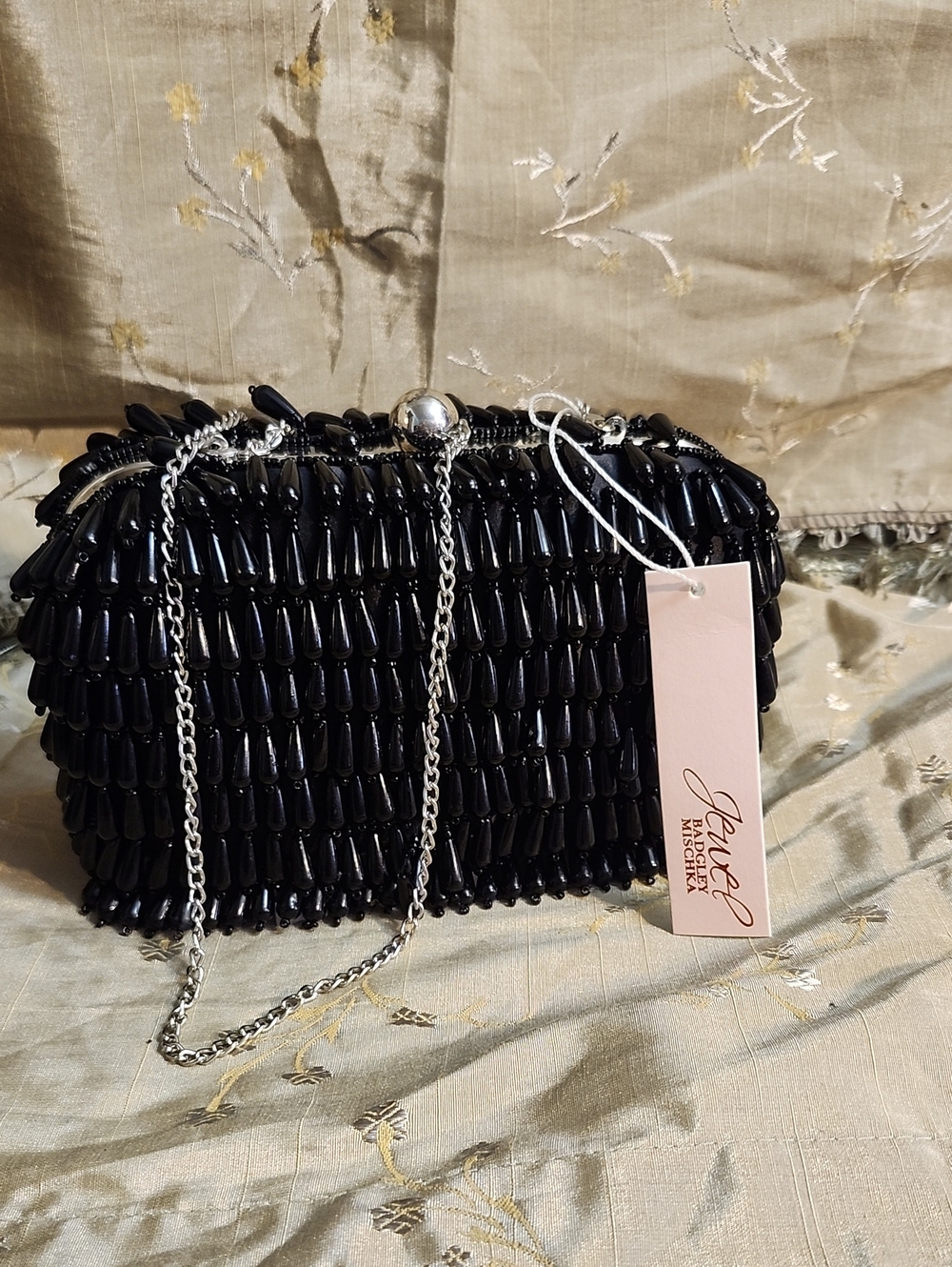 Badgley Mischka Black Beaded Evening Clutch with Silver Chain